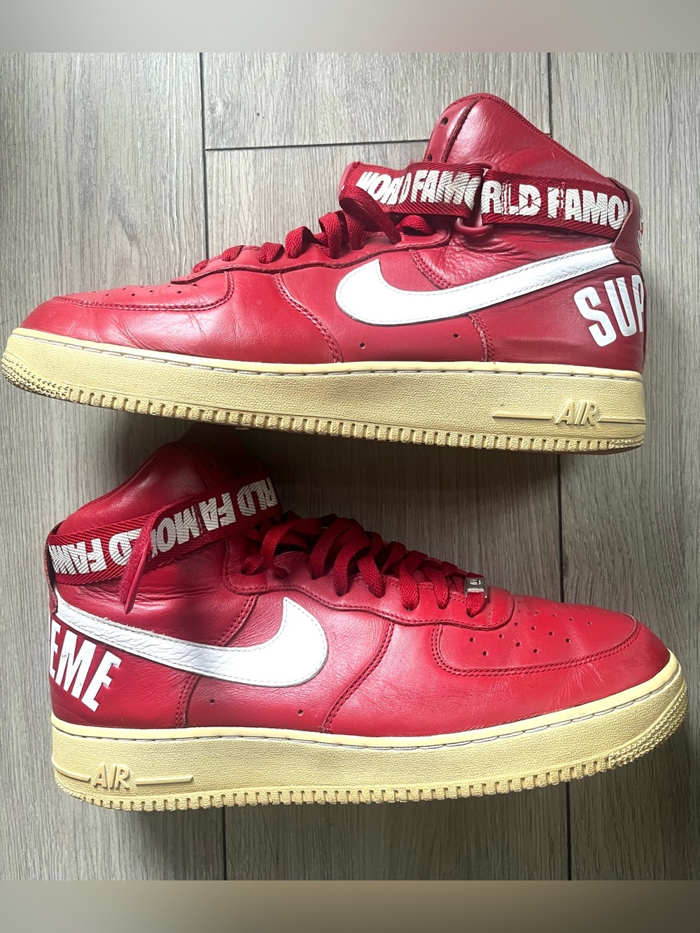 Vintage "Supreme Nike Air Force 1 High World Famous Red 2014 698696-610" SZ 11.5